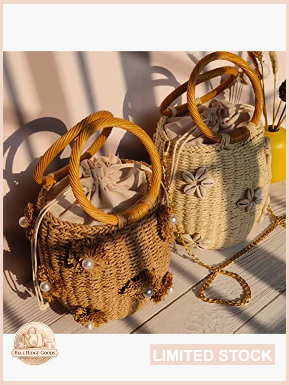 Woven Straw Bucket Bag Drawstring Tote Summer Beach Handbag Pearl Flower - Picture 6 of 7